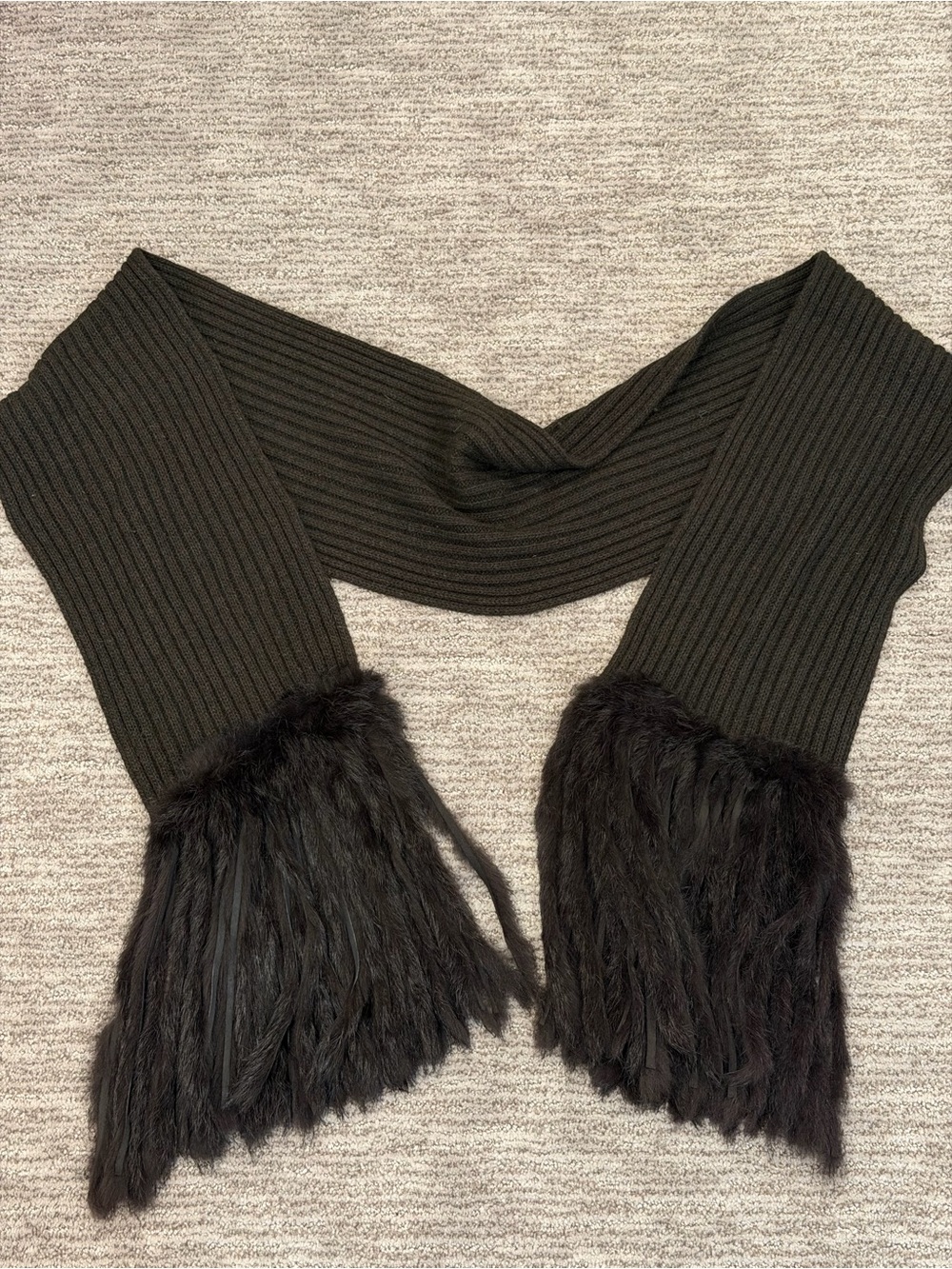 Chunky Ribbed Knit Scarf with Fur Fringe Tassel Dark Boho Y2K